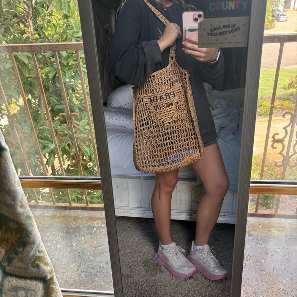 Prada Natural Straw Knit Tote with Black Logo - Picture 3 of 3